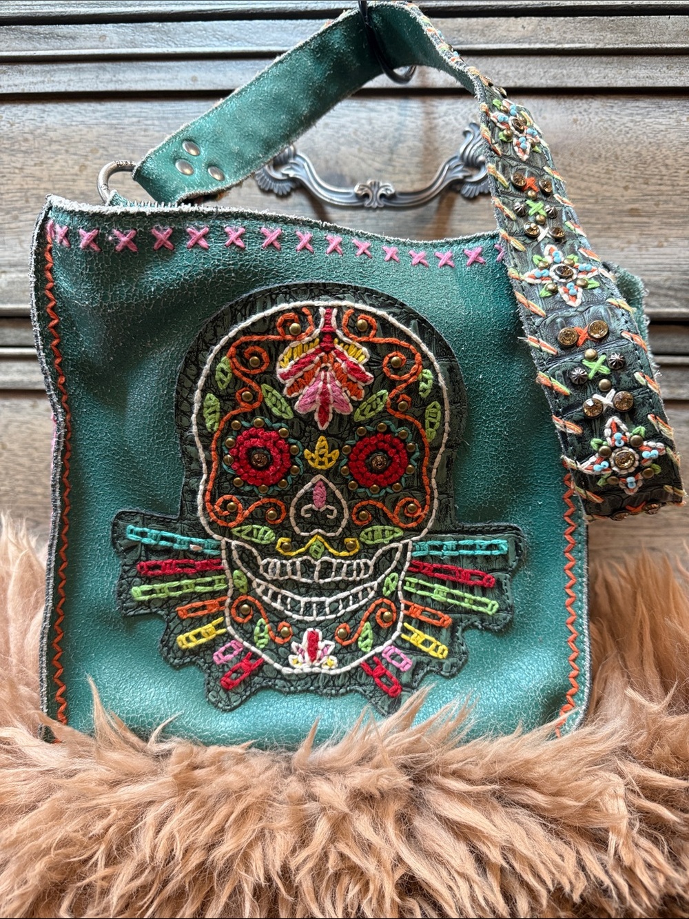 Montana West Delila Green Embroidered Sugar Skull Bag